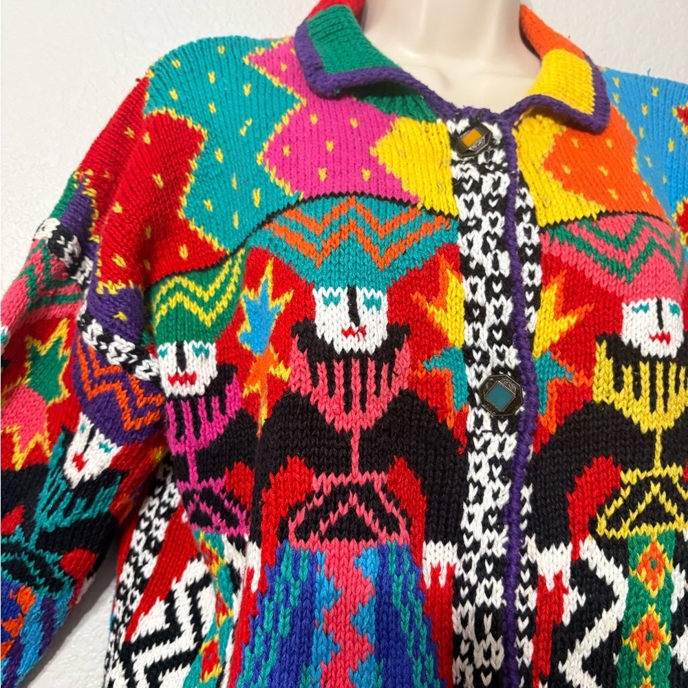 Colorful Vintage Southwestern Aztec Knit Cardigan with Metal Buttons.Heavyweight - Picture 2 of 14